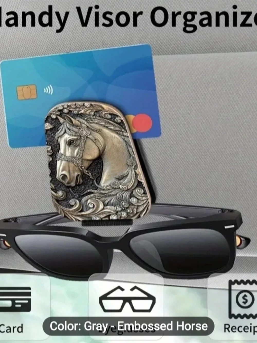 Elegant Leather Embossed Relief Equestrian Horse Head Sun Visor Clip/Card Holder